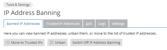 Banned IP Addresses tab in the Plesk fail2ban interface
