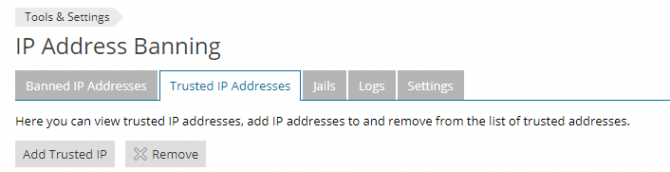Trusted IP Addresses tab in the Plesk fail2ban interface